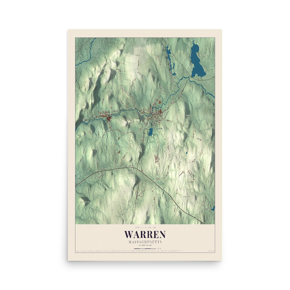 Map of Warren, Massachusetts, 12 x 18 inch unframed archival matte print