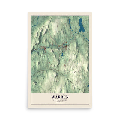 Map of Warren, Massachusetts, 12 x 18 inch unframed archival matte print
