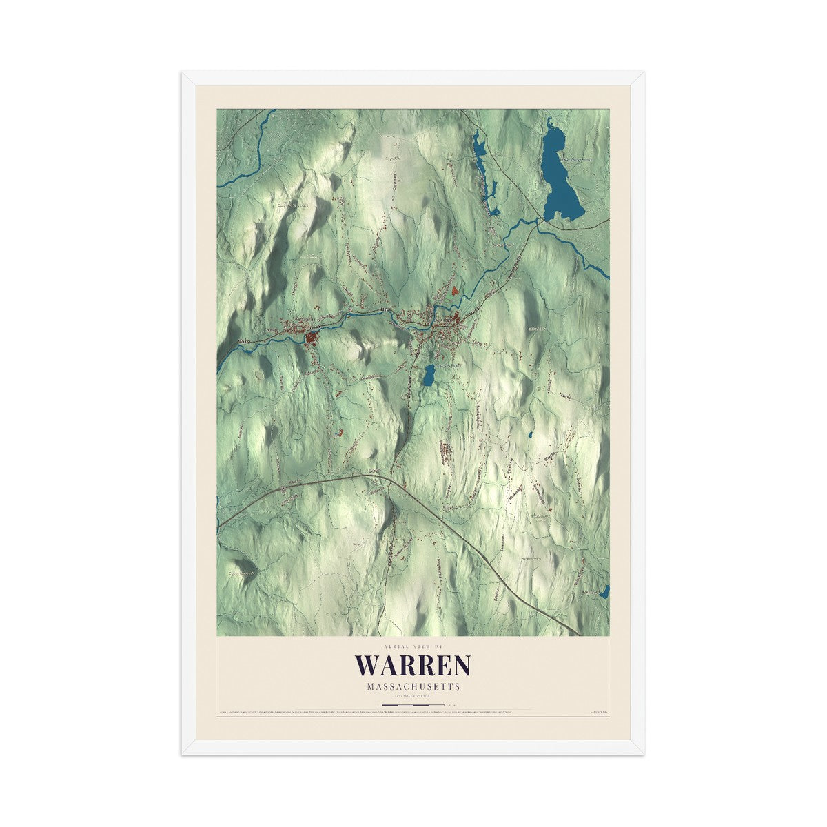 Map of Warren, Massachusetts, 12 x 18 inch print in a white wood frame