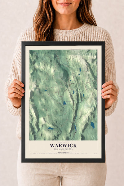 Warwick, Massachusetts map print - 12 x 18 black Ayous wood frame