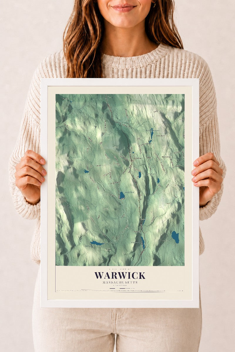 Warwick, Massachusetts map print - 12 x 18 white Ayous wood frame