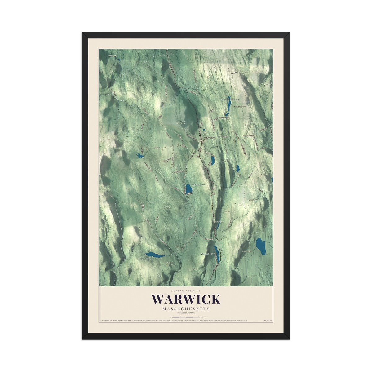 Map of Warwick, Massachusetts, 12 x 18 inch print in a black wood frame