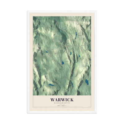Map of Warwick, Massachusetts, 12 x 18 inch print in a white wood frame