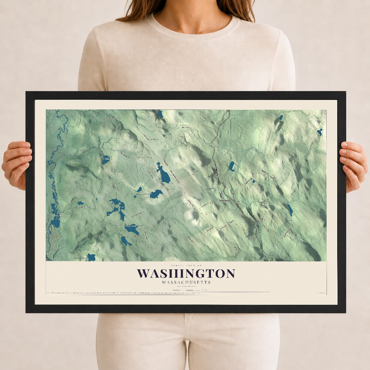 Washington, Massachusetts map print - 12 x 18 black Ayous wood frame
