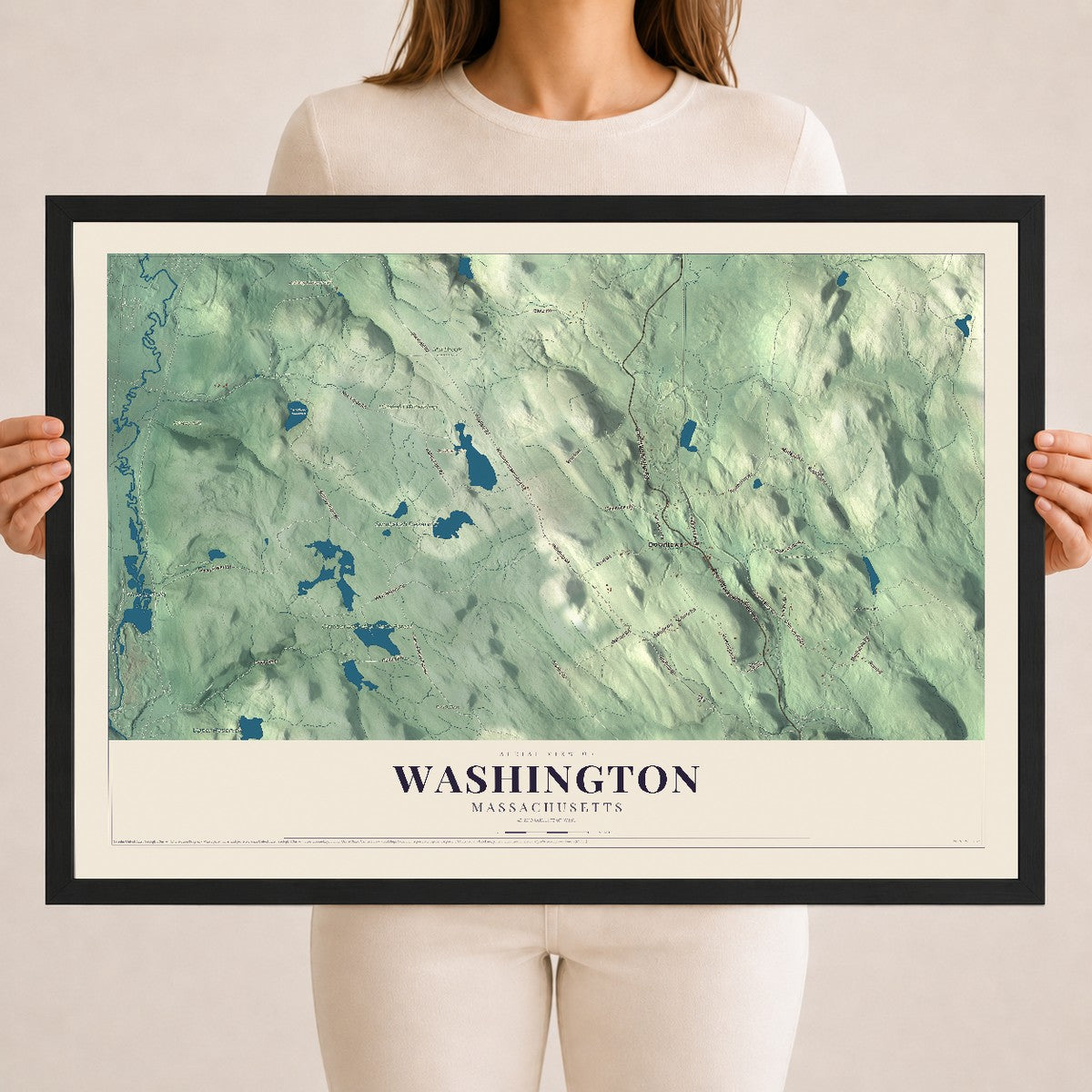 Washington, Massachusetts map print - 18 x 24 black Ayous wood frame