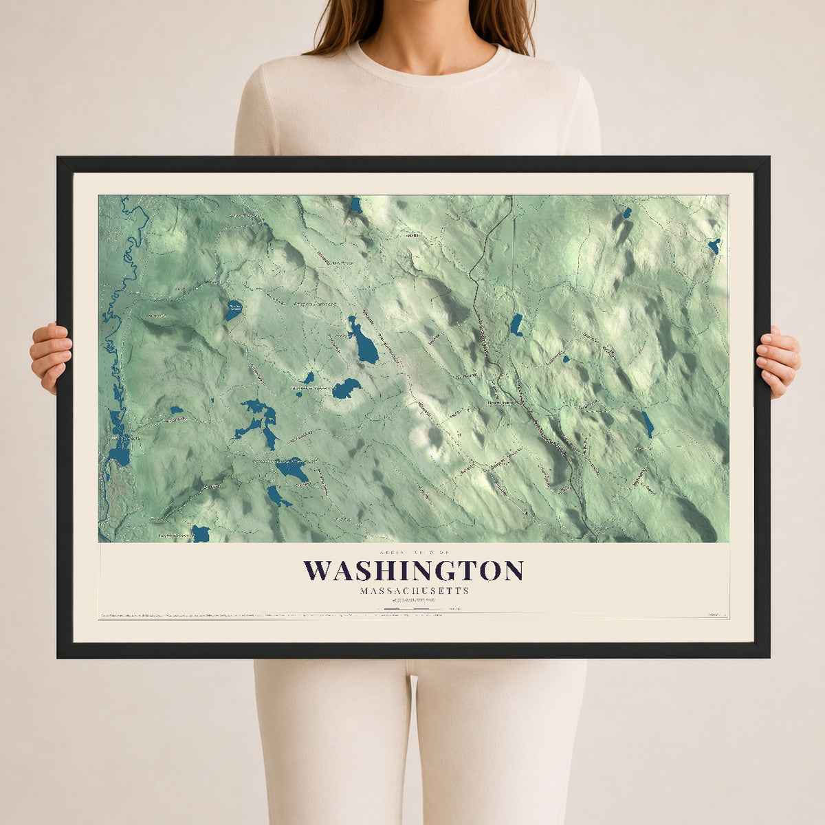 Washington, Massachusetts map print - 24 x 36 black Ayous wood frame