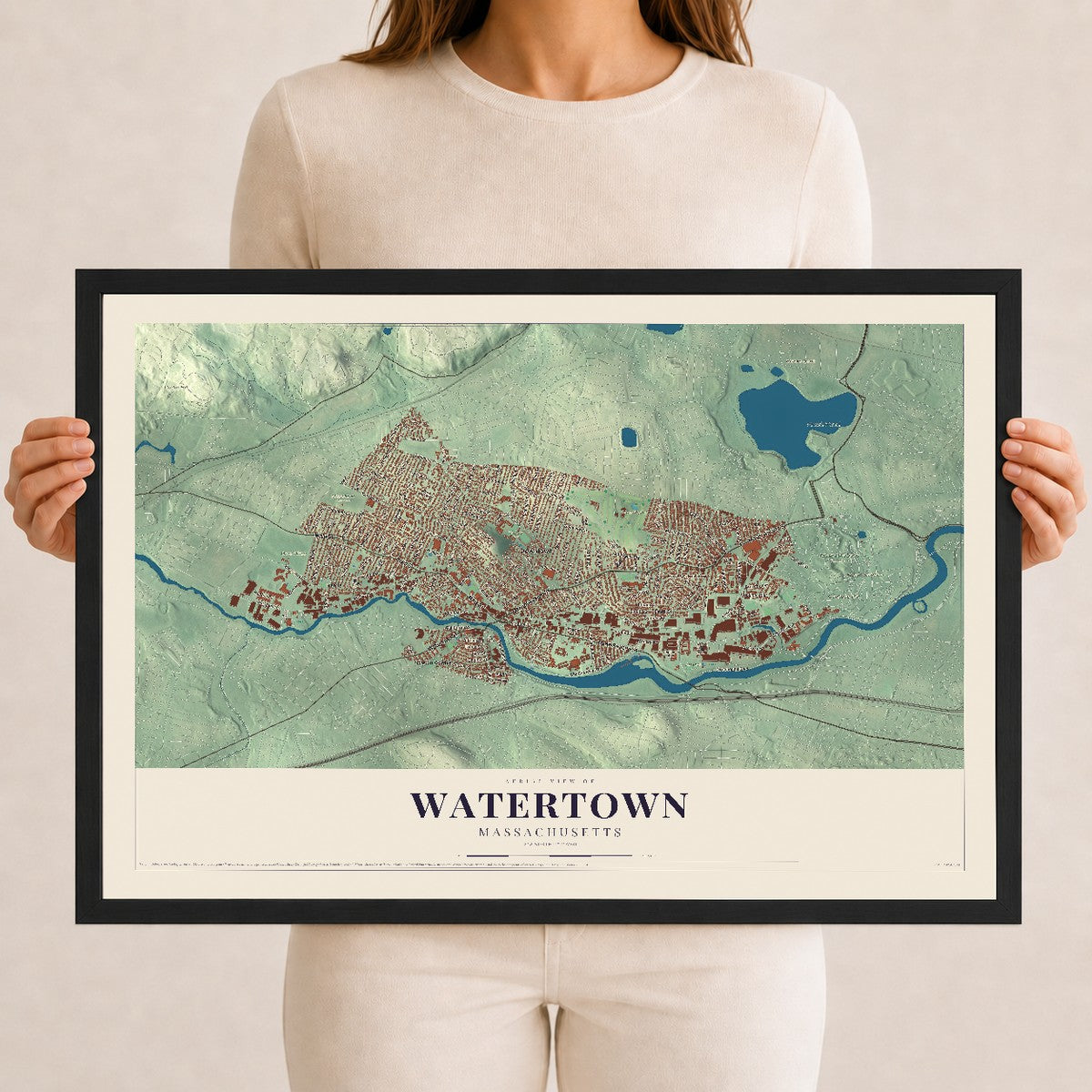 Watertown, Massachusetts map print - 12 x 18 black Ayous wood frame