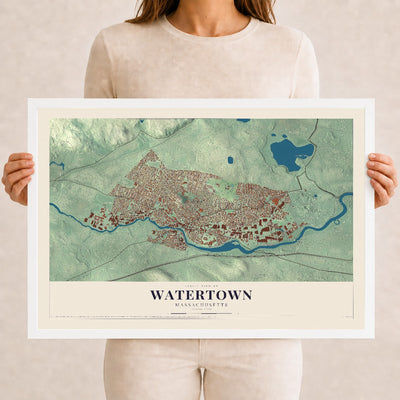 Watertown, Massachusetts map print - 12 x 18 white Ayous wood frame