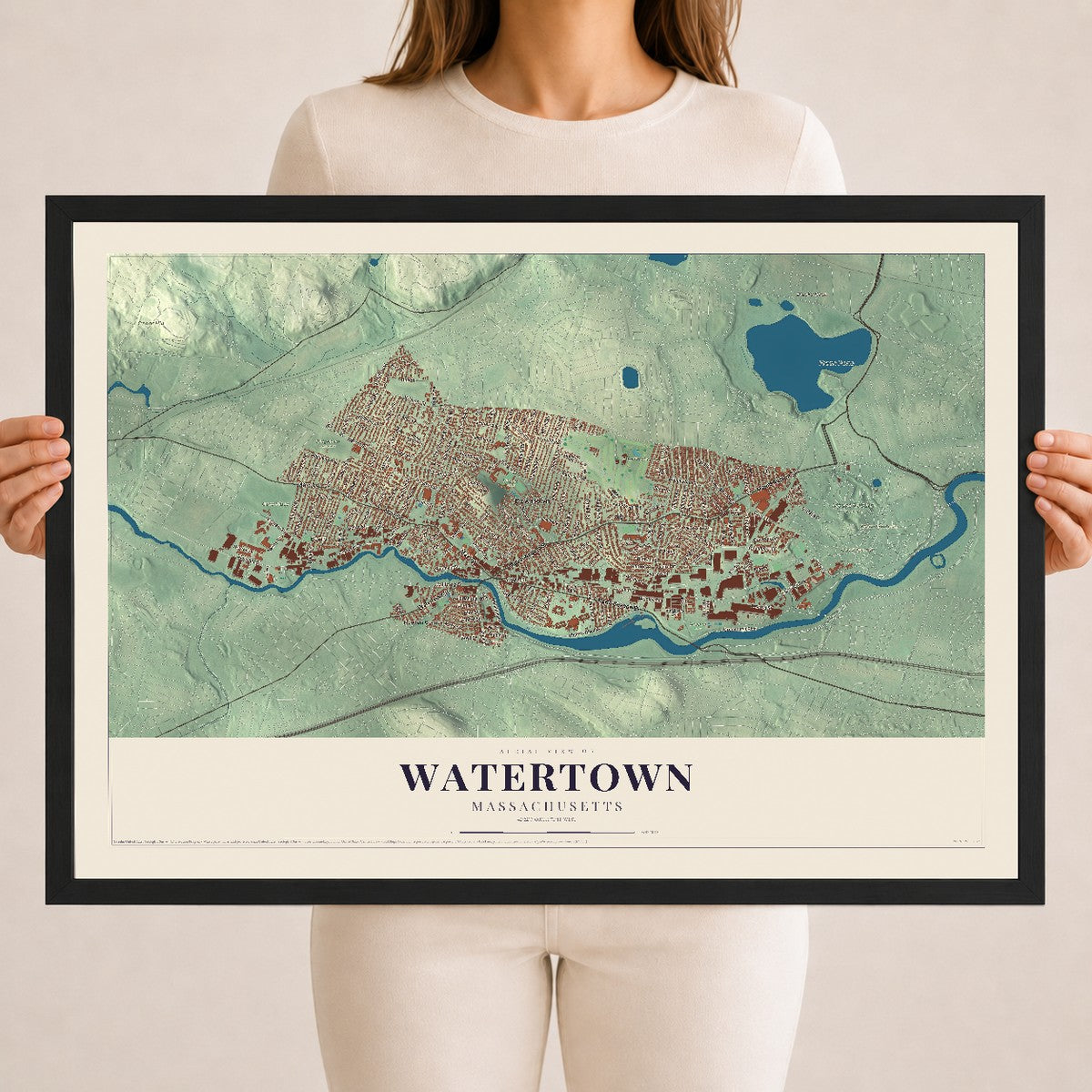 Watertown, Massachusetts map print - 18 x 24 black Ayous wood frame