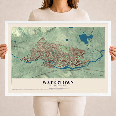 Watertown, Massachusetts map print - 18 x 24 white Ayous wood frame