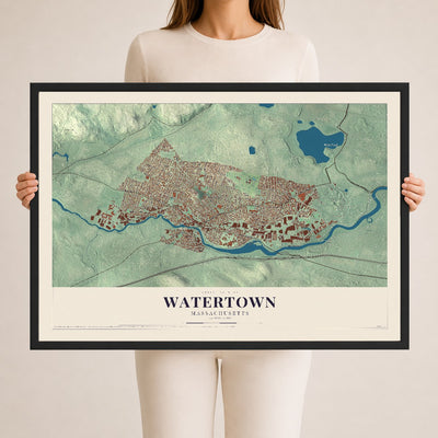 Watertown, Massachusetts map print - 24 x 36 black Ayous wood frame