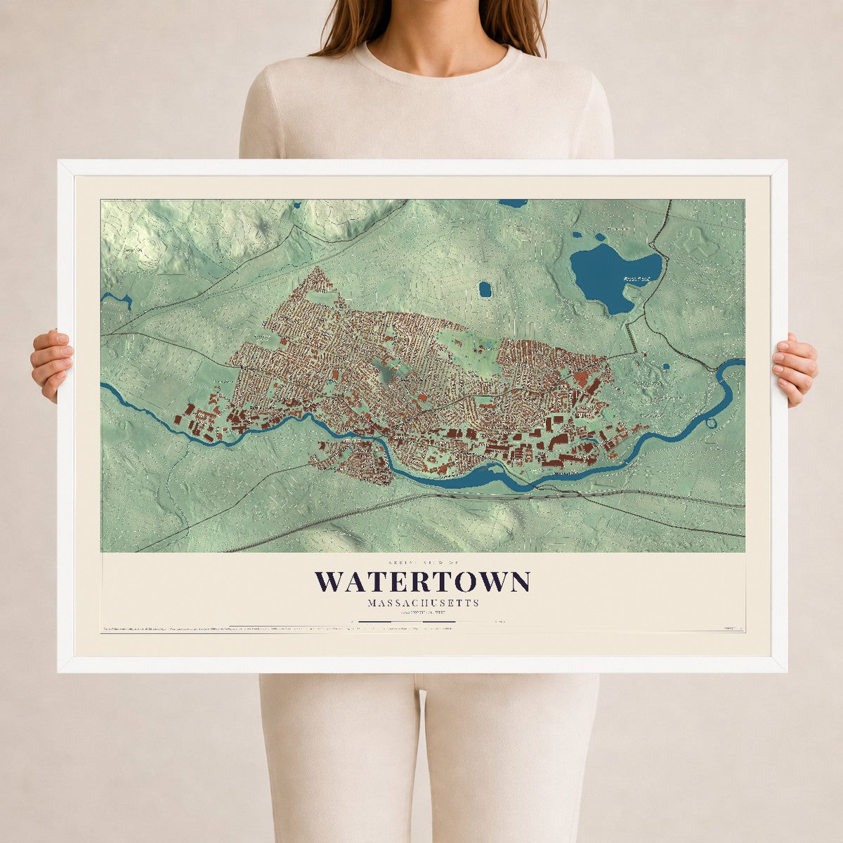 Watertown, Massachusetts map print - 24 x 36 white Ayous wood frame