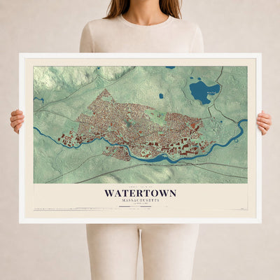 Watertown, Massachusetts map print - 24 x 36 white Ayous wood frame