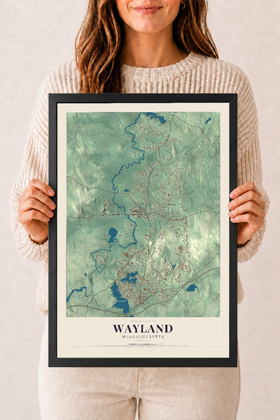 Wayland, Massachusetts map print - 12 x 18 black Ayous wood frame