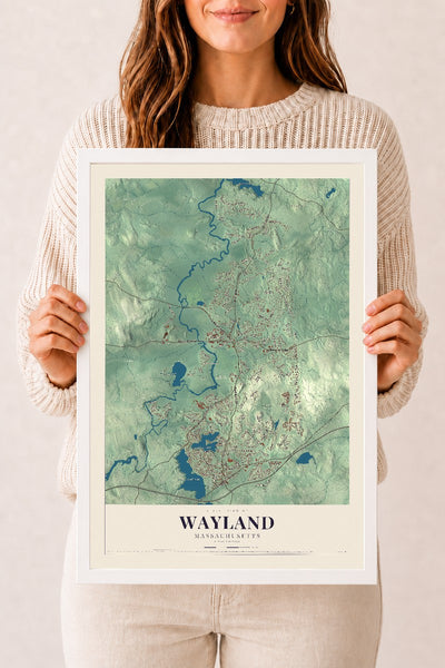 Wayland, Massachusetts map print - 12 x 18 white Ayous wood frame