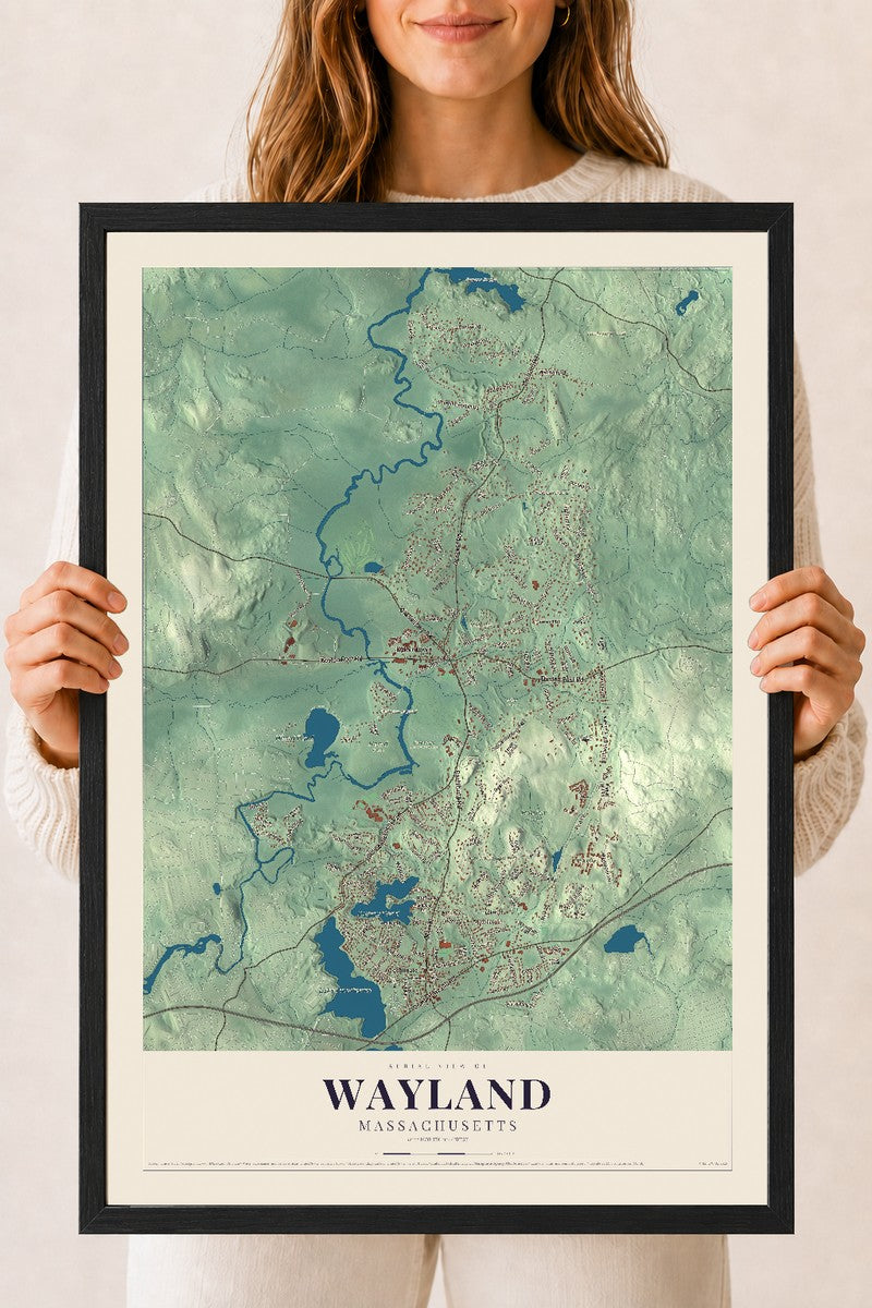 Wayland, Massachusetts map print - 18 x 24 black Ayous wood frame