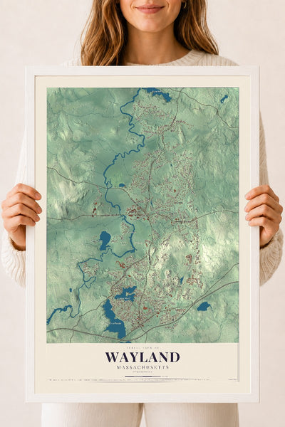 Wayland, Massachusetts map print - 18 x 24 white Ayous wood frame