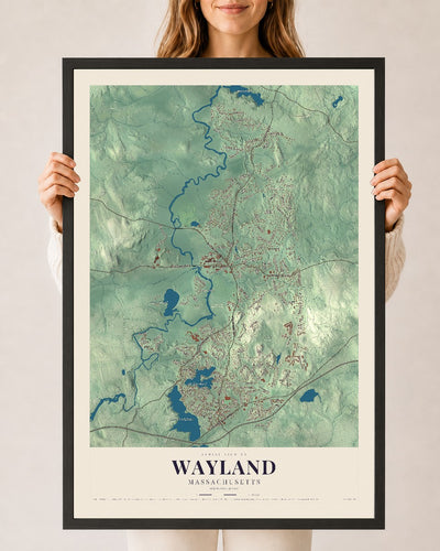 Wayland, Massachusetts map print - 24 x 36 black Ayous wood frame
