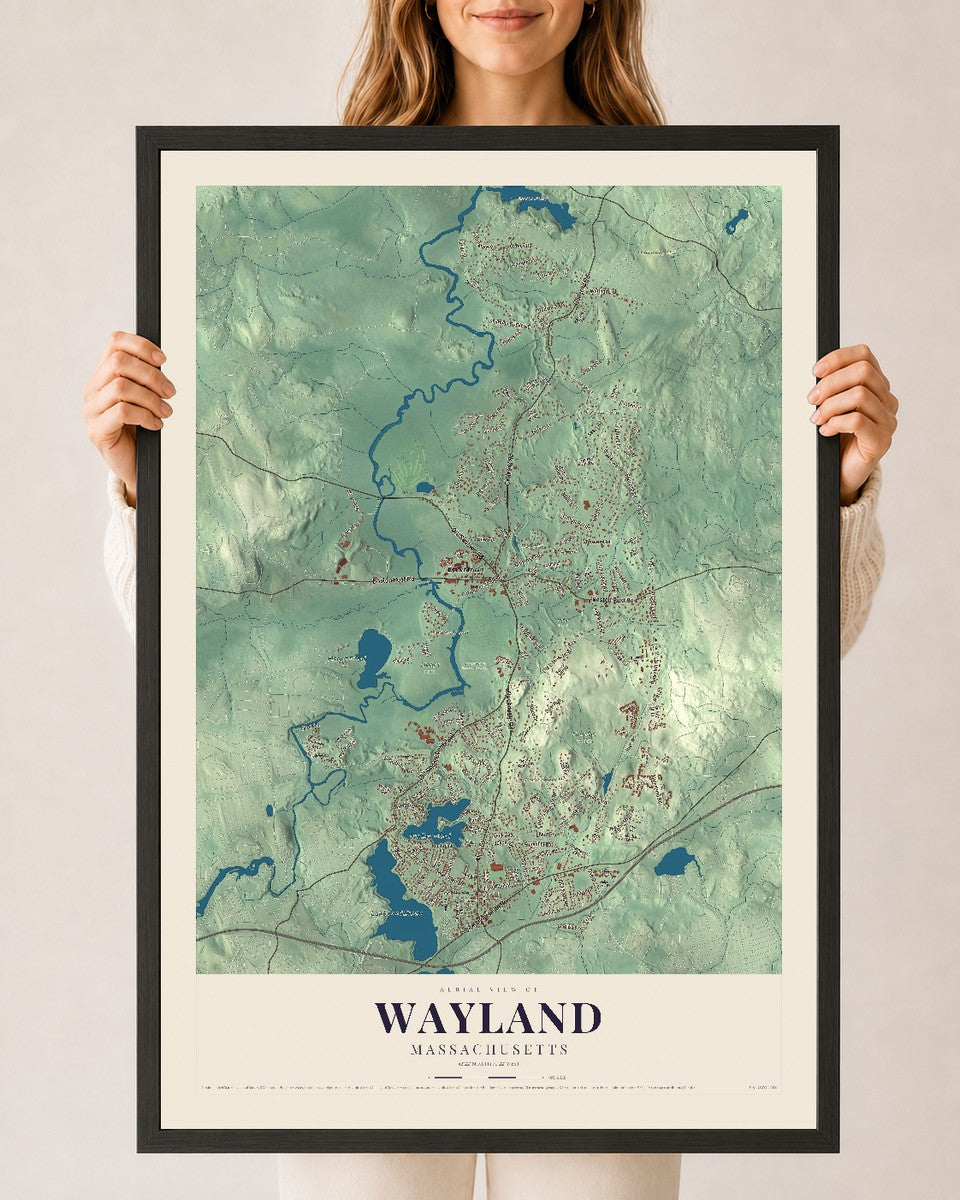 Wayland, Massachusetts map print - 24 x 36 black Ayous wood frame