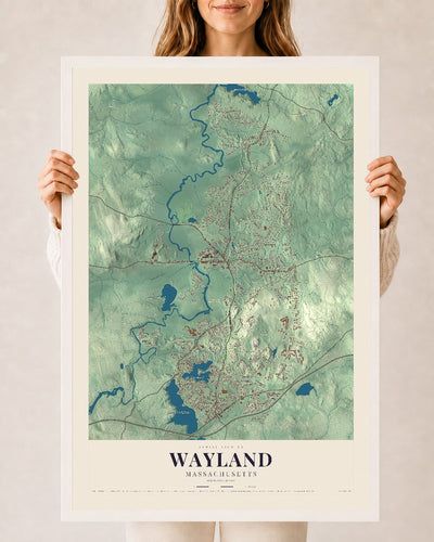 Wayland, Massachusetts map print - 24 x 36 white Ayous wood frame