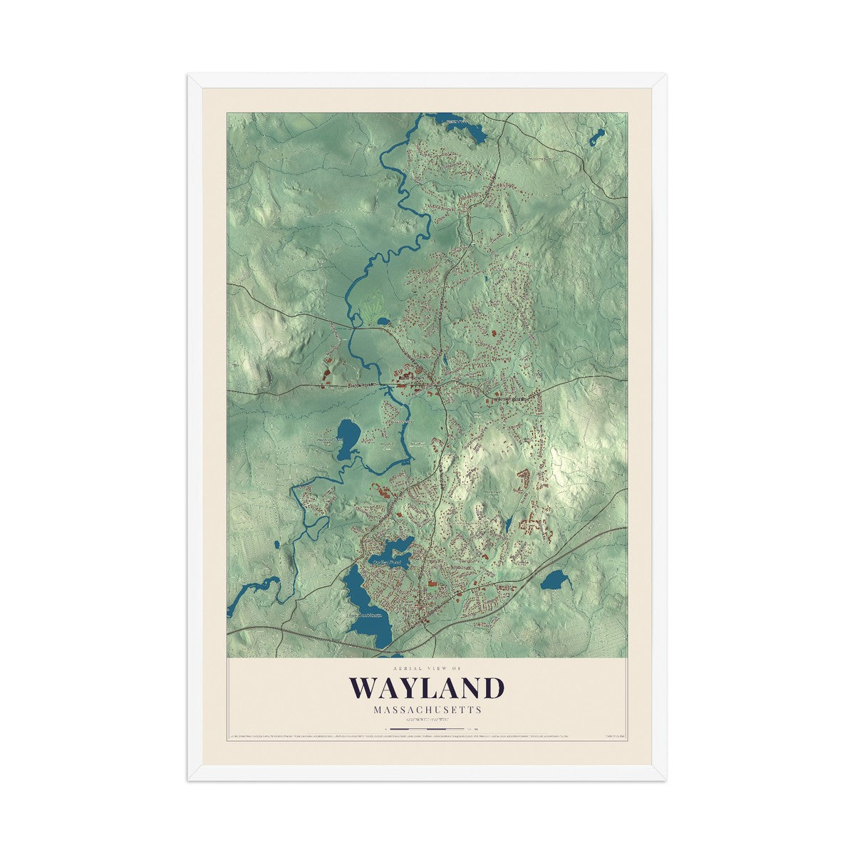 Map of Wayland, Massachusetts, 12 x 18 inch print in a white wood frame