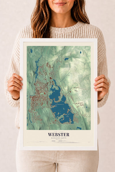 Webster, Massachusetts map print - 12 x 18 white Ayous wood frame