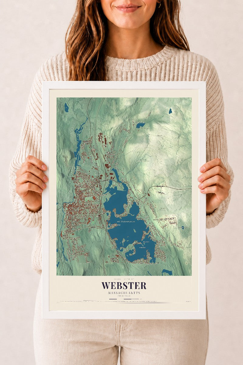 Webster, Massachusetts map print - 12 x 18 white Ayous wood frame