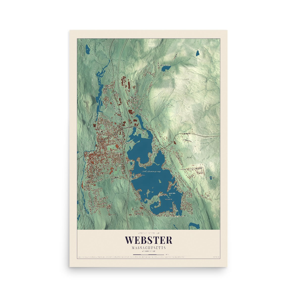 Map of Webster, Massachusetts, 12 x 18 inch unframed archival matte print