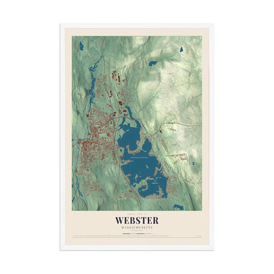 Map of Webster, Massachusetts, 12 x 18 inch print in a white wood frame