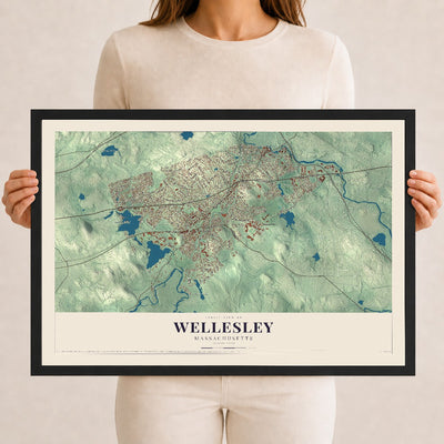 Wellesley, Massachusetts map print - 12 x 18 black Ayous wood frame