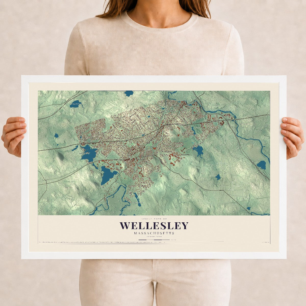 Wellesley, Massachusetts map print - 12 x 18 white Ayous wood frame
