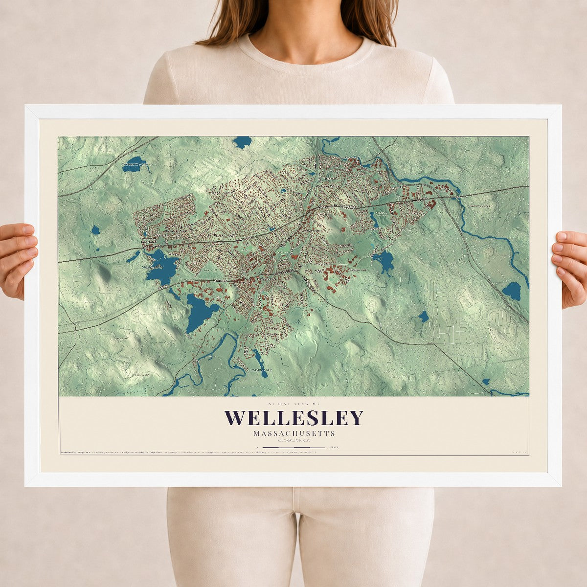Wellesley, Massachusetts map print - 18 x 24 white Ayous wood frame