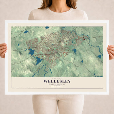 Wellesley, Massachusetts map print - 18 x 24 white Ayous wood frame