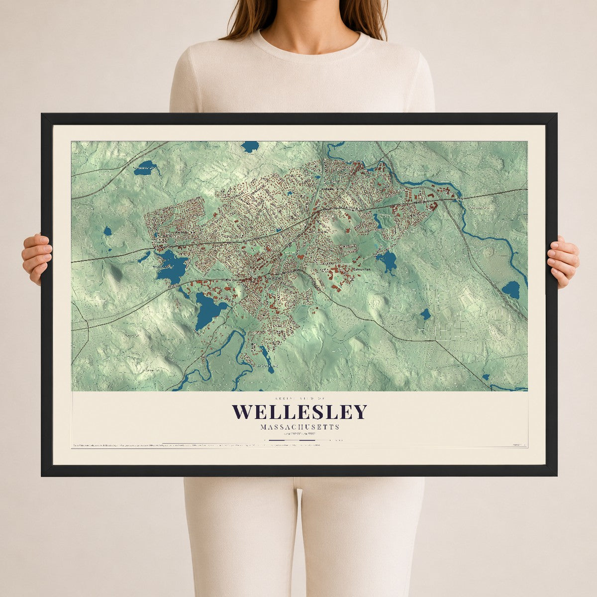 Wellesley, Massachusetts map print - 24 x 36 black Ayous wood frame