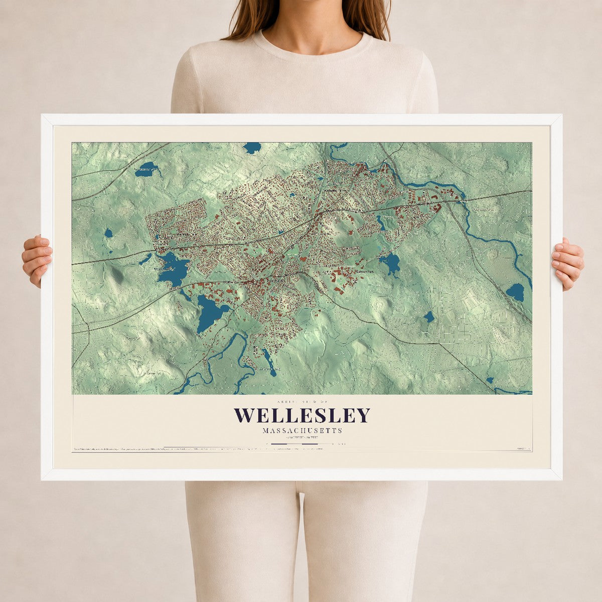 Wellesley, Massachusetts map print - 24 x 36 white Ayous wood frame