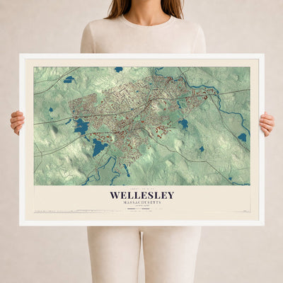 Wellesley, Massachusetts map print - 24 x 36 white Ayous wood frame