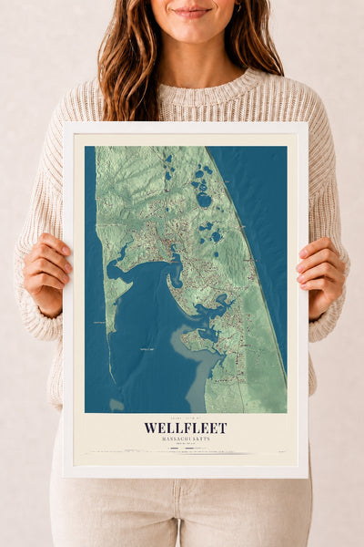 Wellfleet, Massachusetts map print - 12 x 18 white Ayous wood frame