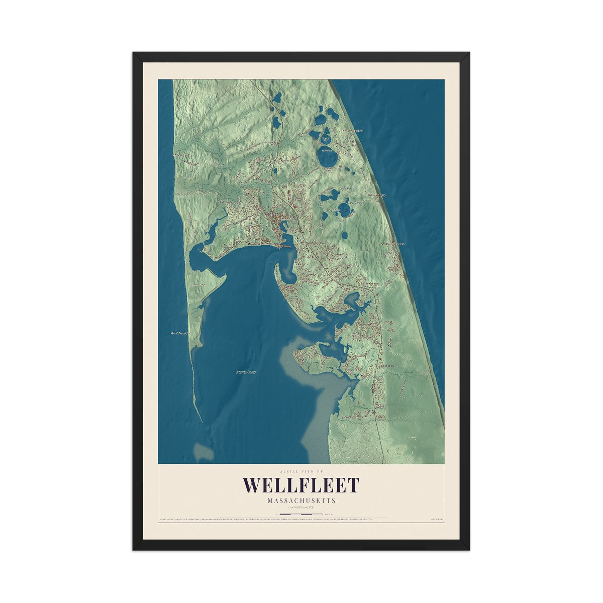 Map of Wellfleet, Massachusetts, 12 x 18 inch print in a black wood frame