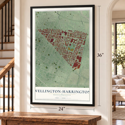 Wellington-Harrington, Massachusetts map, 24 x 36 inch print in a black frame by a staircase