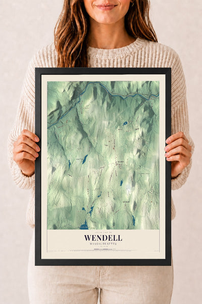 Wendell, Massachusetts map print - 12 x 18 black Ayous wood frame