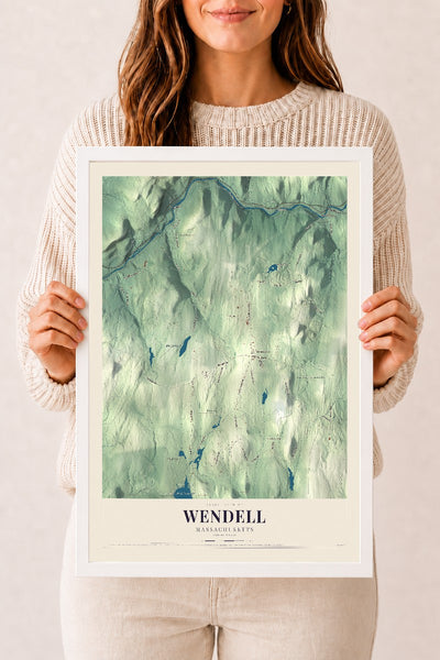 Wendell, Massachusetts map print - 12 x 18 white Ayous wood frame