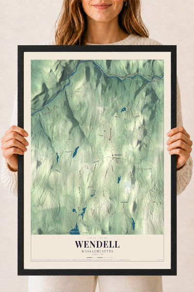 Wendell, Massachusetts map print - 18 x 24 black Ayous wood frame