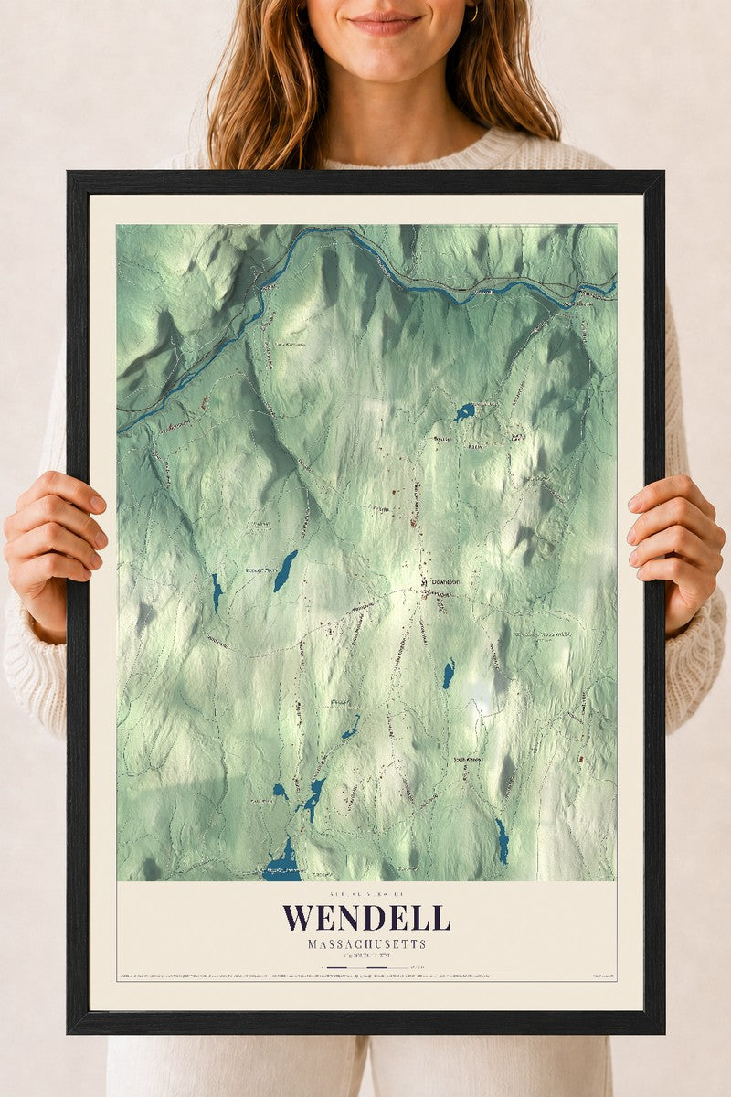 Wendell, Massachusetts map print - 18 x 24 black Ayous wood frame