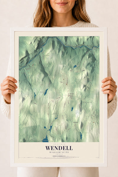 Wendell, Massachusetts map print - 18 x 24 white Ayous wood frame