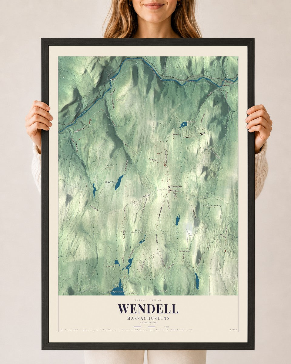 Wendell, Massachusetts map print - 24 x 36 black Ayous wood frame
