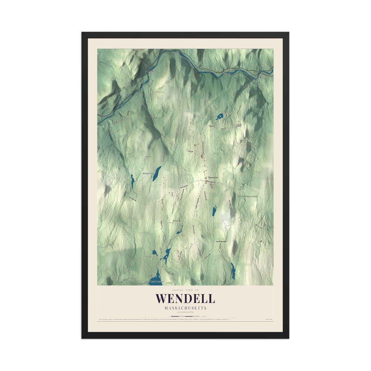 Map of Wendell, Massachusetts, 12 x 18 inch print in a black wood frame
