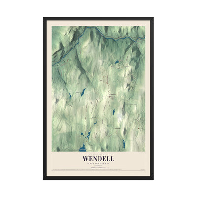 Map of Wendell, Massachusetts, 12 x 18 inch print in a black wood frame