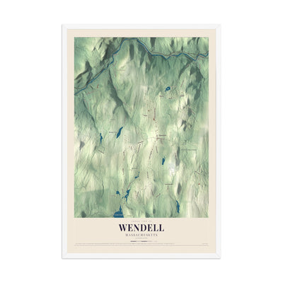 Map of Wendell, Massachusetts, 12 x 18 inch print in a white wood frame