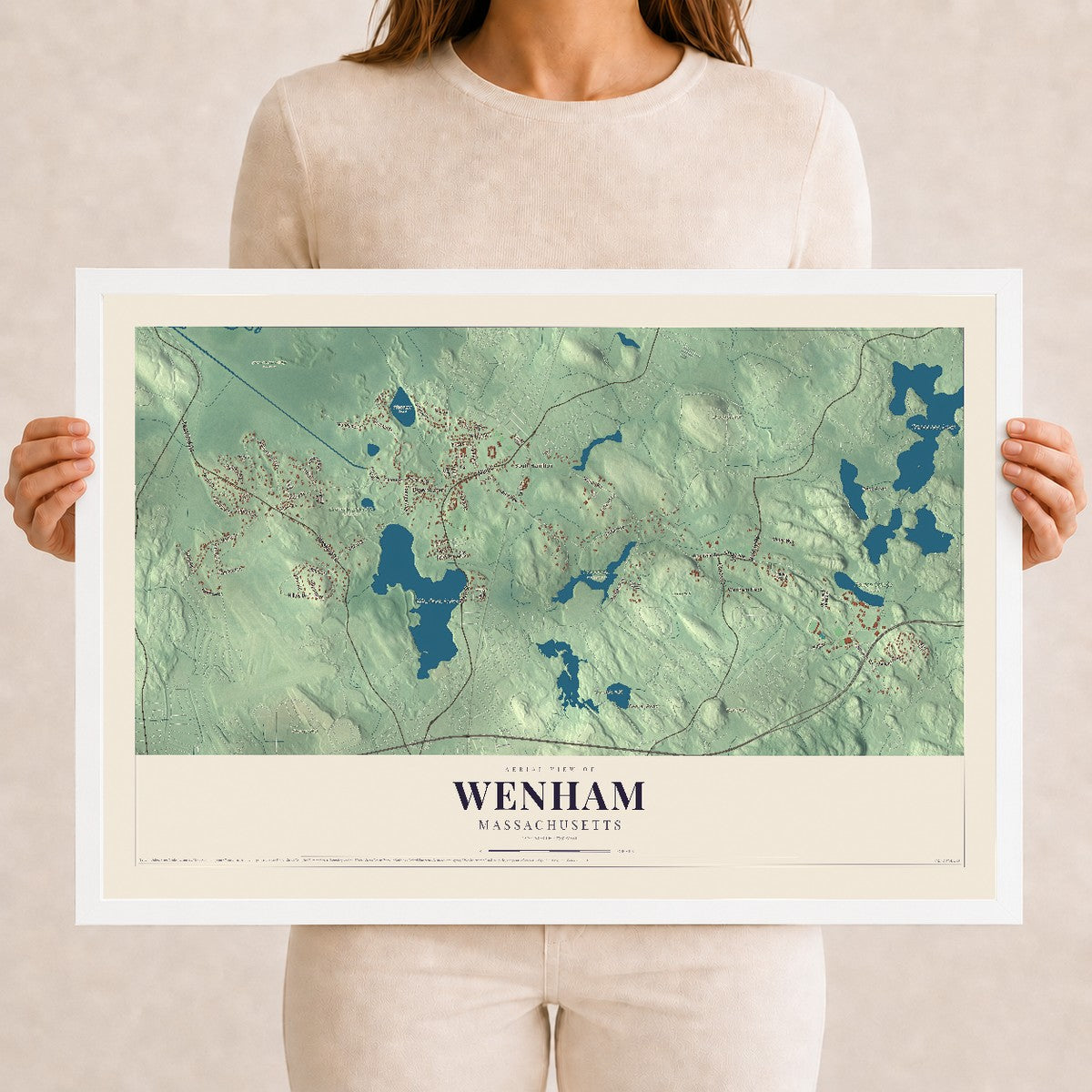 Wenham, Massachusetts map print - 12 x 18 white Ayous wood frame
