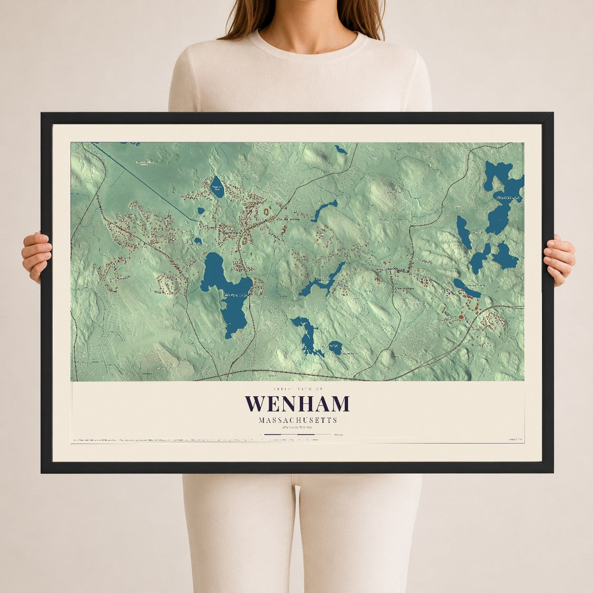 Wenham, Massachusetts map print - 24 x 36 black Ayous wood frame